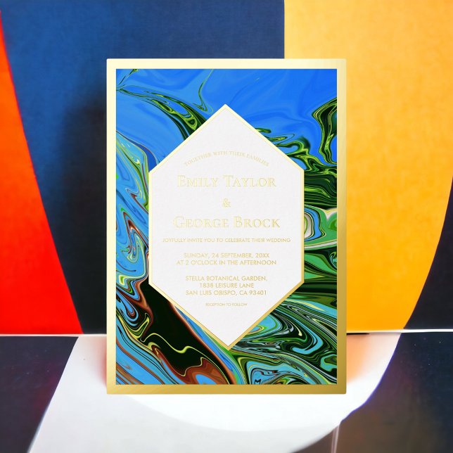 Invitation En Aluminium Vert bleu minimal Abstrait peinture Mariage or (Créateur téléchargé)