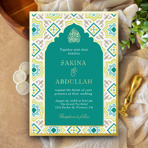 Invitation En Aluminium Vert cyan Mosaïque persane Musulmane Mariage Or