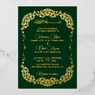 Invitation En Aluminium Vert doré artistique floral paisley musulman maria