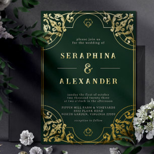 Invitation En Aluminium Vert émeraude et or   Élégant mariage vintage