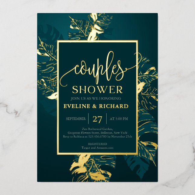 Invitation En Aluminium Vert émeraude et or véritable couples douche (Recto)