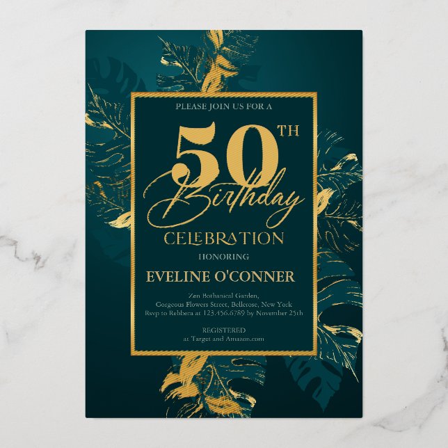 Invitation En Aluminium Vert émeraude et véritable feuille d'or 50e annive (Recto)