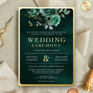Invitation En Aluminium Vert émeraude floral photo mariage indien or