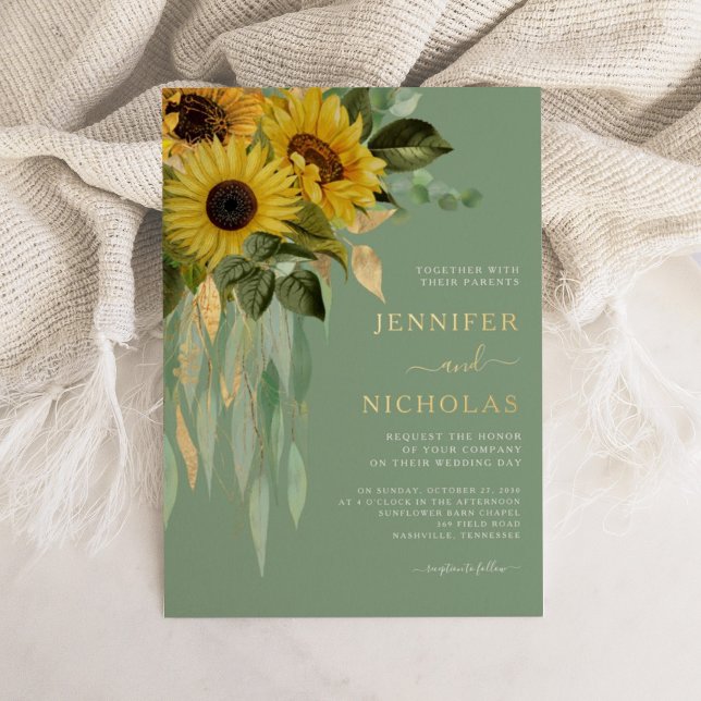Invitation En Aluminium Vert floral Mariage or (Green Floral Sunflowers Wedding Gold Foil Invitation)