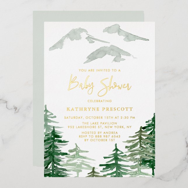Invitation En Aluminium Vert Forêt Aquarelle Baby shower des bois (Recto/Verso)