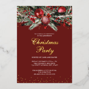 Invitation En Aluminium Vert Rouge Étincelle Or Feuillage Fête de Noël