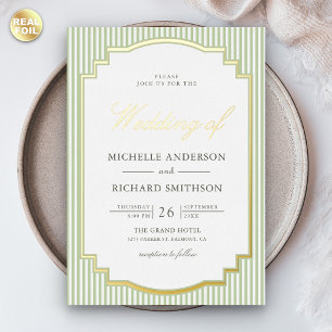 Invitation En Aluminium Vert sauge classique rayé Photo Mariage Or