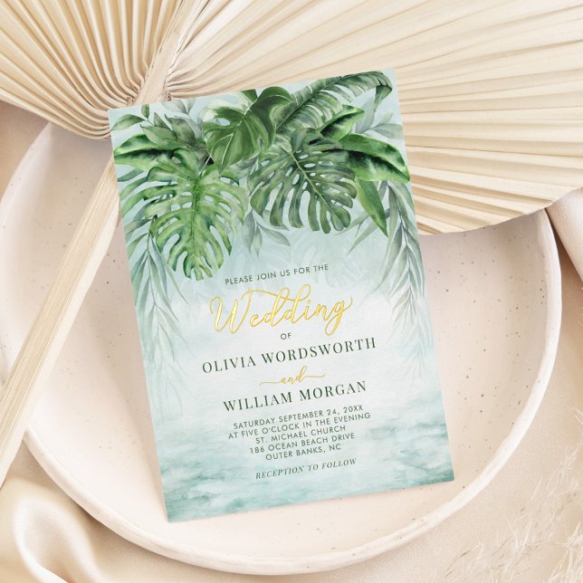 Invitation En Aluminium Vert tropical Élégant Mariage d'huile d'or (Créateur téléchargé)