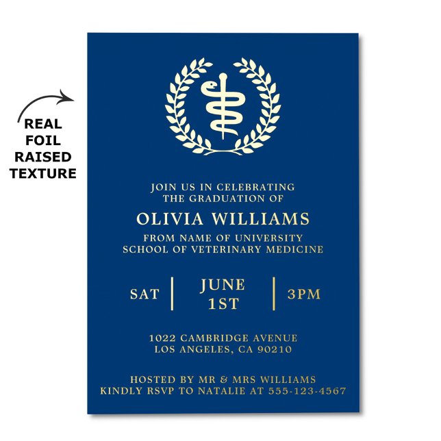 Invitation En Aluminium Vet School Navy Et Gold Graduation Party (Vet school graduation party invitation with real foil raised texture)