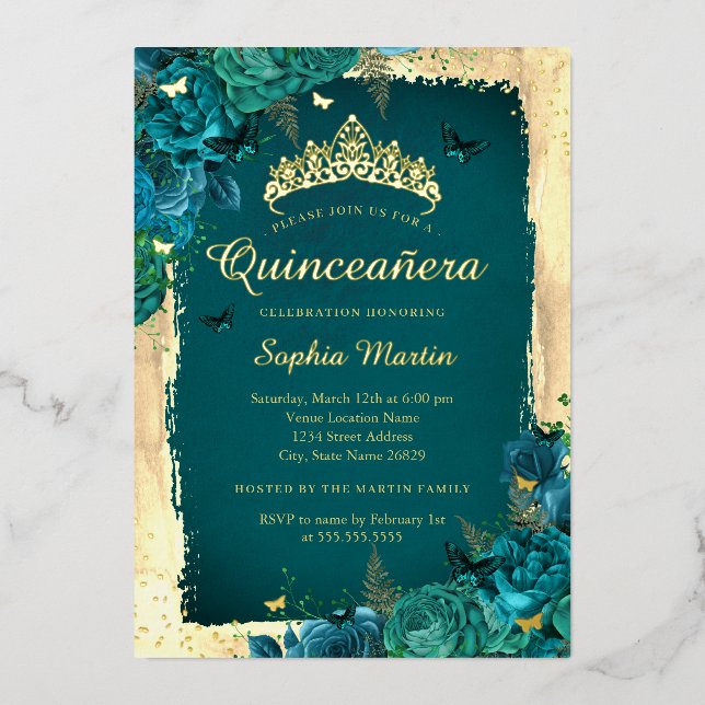 Invitation En Aluminium Vibrant élégant papillon floral Turquoise Quincean (Recto)