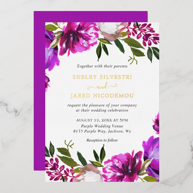 Invitation En Aluminium Vibrant Gras brillant violet Mariage Floral Or (Recto/Verso)