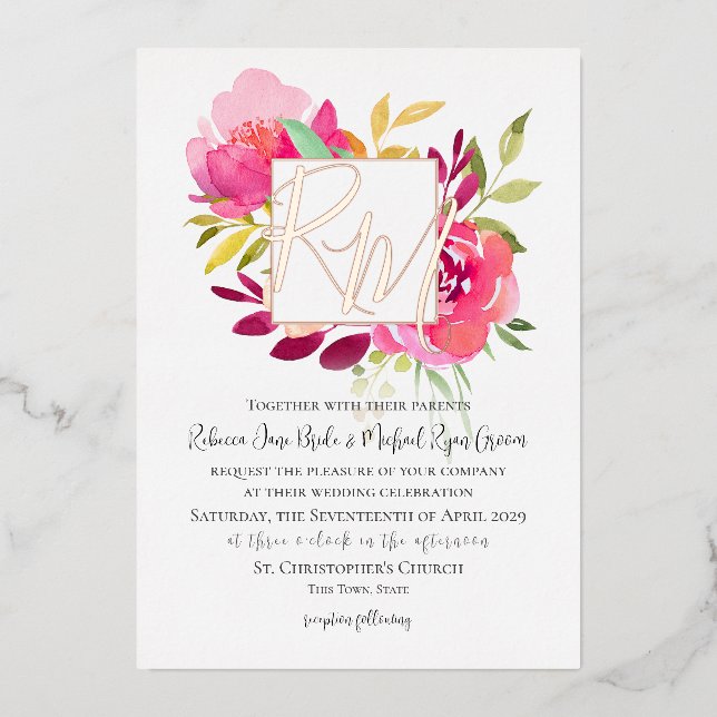 Invitation En Aluminium Vibrant Magenta rose Tropical Garden Floral (Recto)