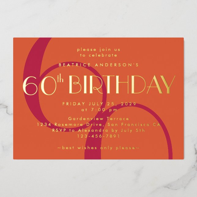 Invitation En Aluminium Vibrant Orange Magenta 60e Anniversaire Or (Recto)
