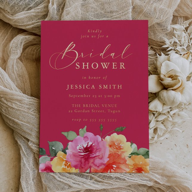 Invitation En Aluminium Vibrant Pink Floral Bridal Shower Gold (Créateur téléchargé)