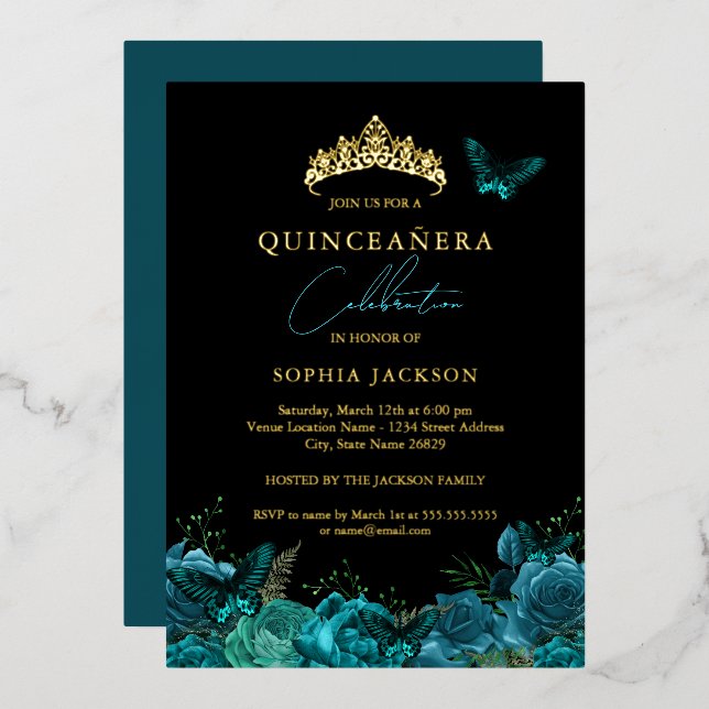 Invitation En Aluminium Vibrant Turquoise Bleu Noir Papillon Quinceanera (Recto/Verso)