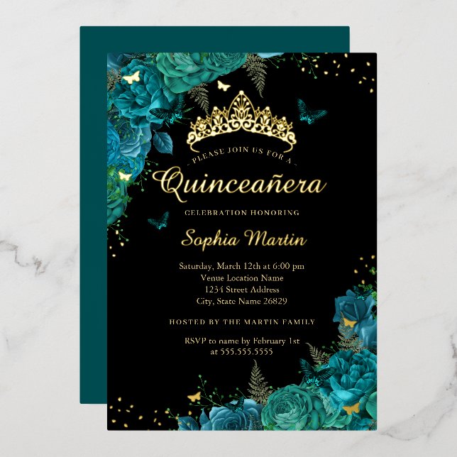 Invitation En Aluminium Vibrant Turquoise élégant papillon floral Quincean (Recto/Verso)