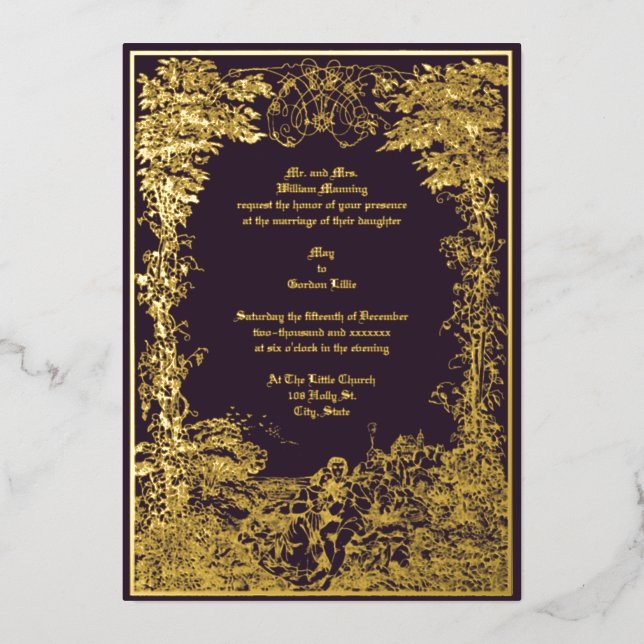 Invitation En Aluminium Victorian Castle Couple Foliage Mariage frontalier (Recto)