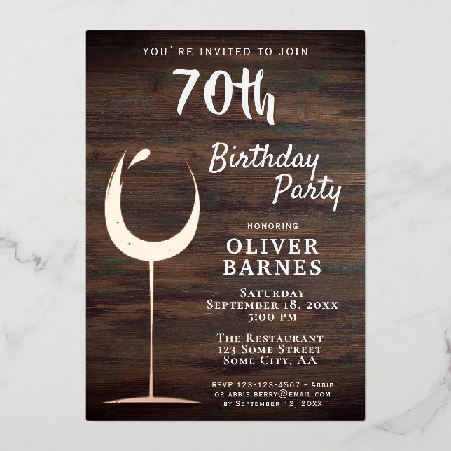 Invitation En Aluminium Vin d'or rustique Bois 70e anniversaire (Recto)