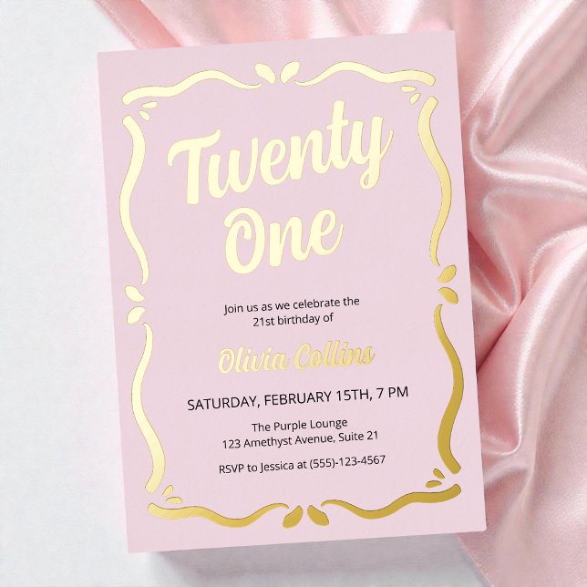 Invitation En Aluminium Vingt et un Gold Script Blush Pink 21e anniversair (Twenty One Gold Script Blush Pink 21st Birthday Foil Invitation)