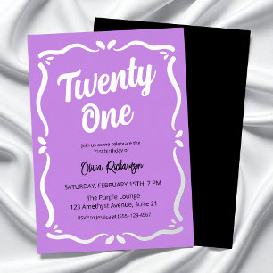 Invitation En Aluminium Vingt et un Typographie Noir Violet Anniversaire 2