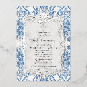 Invitation En Aluminium Vintage Baroque Bleu Blanc Argent Sainte Communion