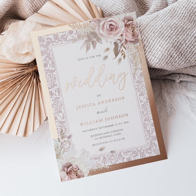 Invitation En Aluminium Vintage Dusty Rose Blush Floral Wedding Rose Gold (Créateur téléchargé)