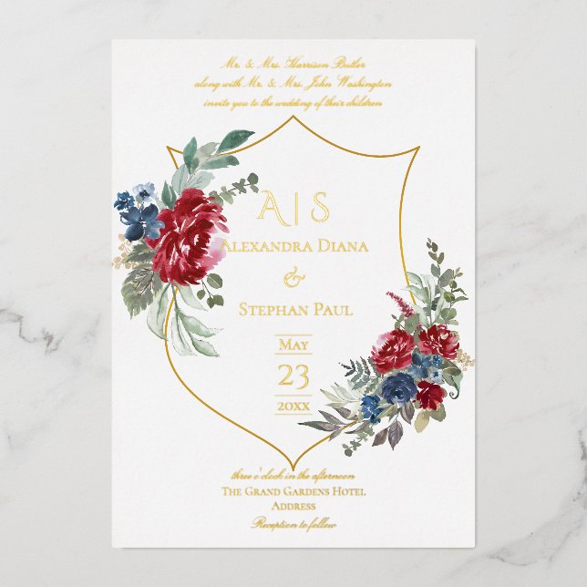 Invitation En Aluminium Vintage Floral Magenta Crest Monogramme Mariage (Recto)