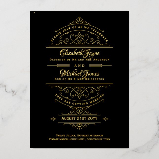 Invitation En Aluminium Vintage GOLD FOIL Classic Black Ornate Mariage (Recto)