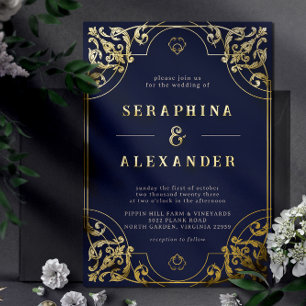Invitation En Aluminium Vintage Orné Mariage Bleu Nuit et Or Réel