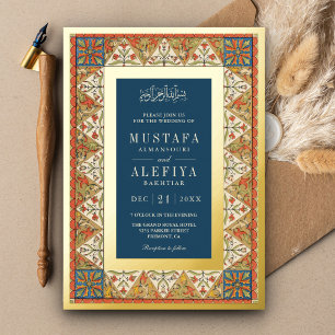 Invitation En Aluminium Vintage Perse Cadre bleu Musulman Mariage Or