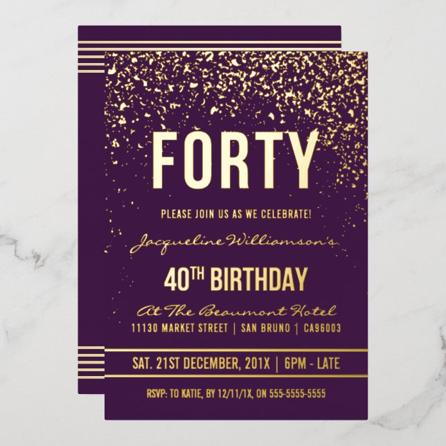 Invitation En Aluminium Violet | Gold Confetti 40e fête d'anniversaire (Recto/Verso)