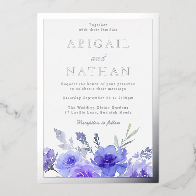 Invitation En Aluminium Violet violet Floral Mariage Argent frontière (Recto)