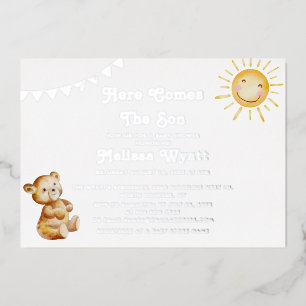 Invitation En Aluminium Voici Le Fils Ours Baby shower Argent