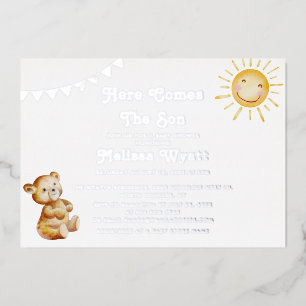 Invitation En Aluminium Voici venir le Fils Ours Baby Shower Argent