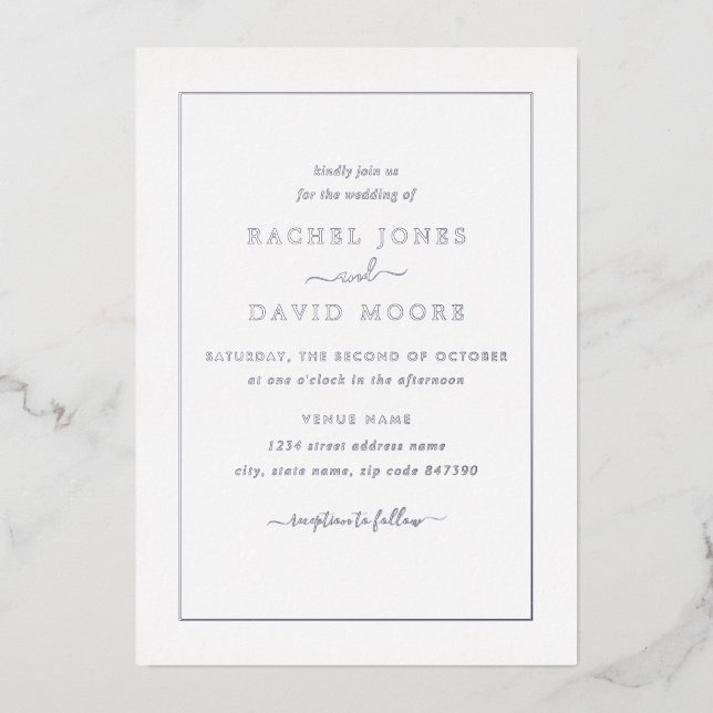Invitation En Aluminium VRAI ARGENT FOIL Mariage noir moderne (Recto)