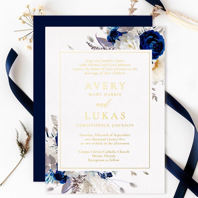 Invitation En Aluminium Vrai or Elegant Fleurs Bleues Mariage Foil (Créateur téléchargé)