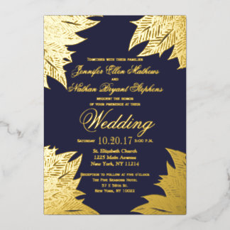 Invitation En Aluminium Vrai or feuilles bleu marine mariage