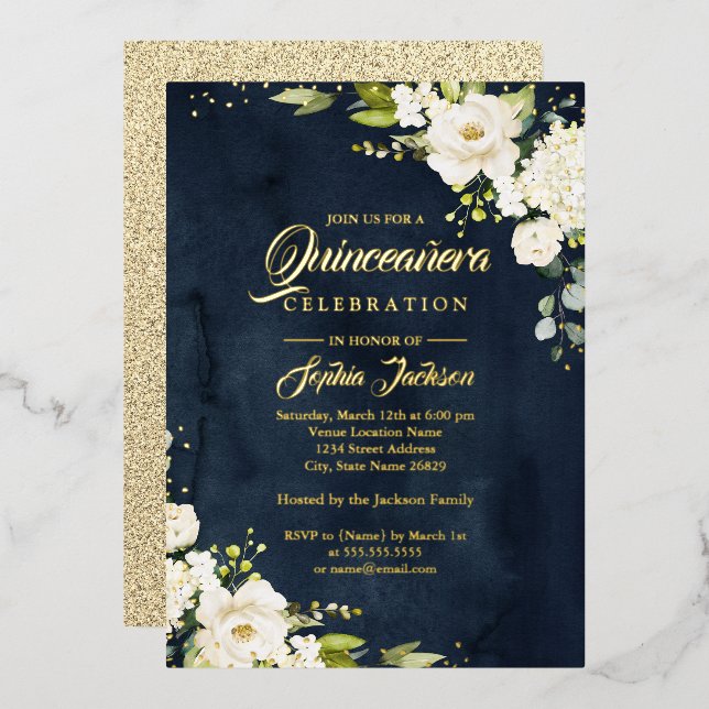 Invitation En Aluminium VRAI OR FOILE Floral Quinceanera Gold Navy (Recto/Verso)