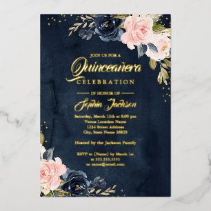 Invitation En Aluminium VRAI OR FOILE Marine rose Floral Quinceanera
