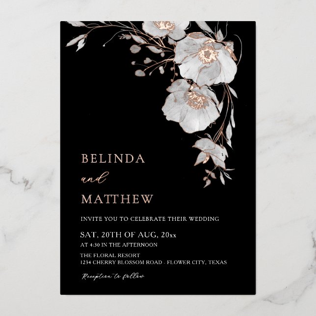 Invitation En Aluminium  Watercolor Flowers Black White Rose Gold (Recto)
