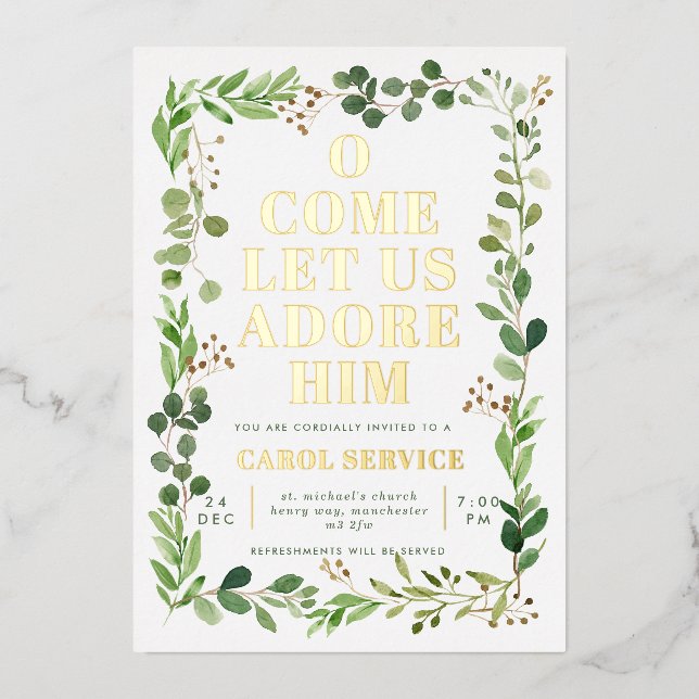 Invitation En Aluminium Watercolor Green Church Christmas Carol Service (Recto)