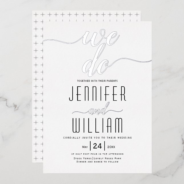 Invitation En Aluminium "We do" élégant script calligraphie mariage argent (Recto/Verso)