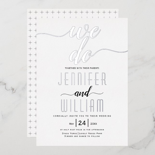 Invitation En Aluminium "We do" script calligraphie mariage argent réel (Recto/Verso)