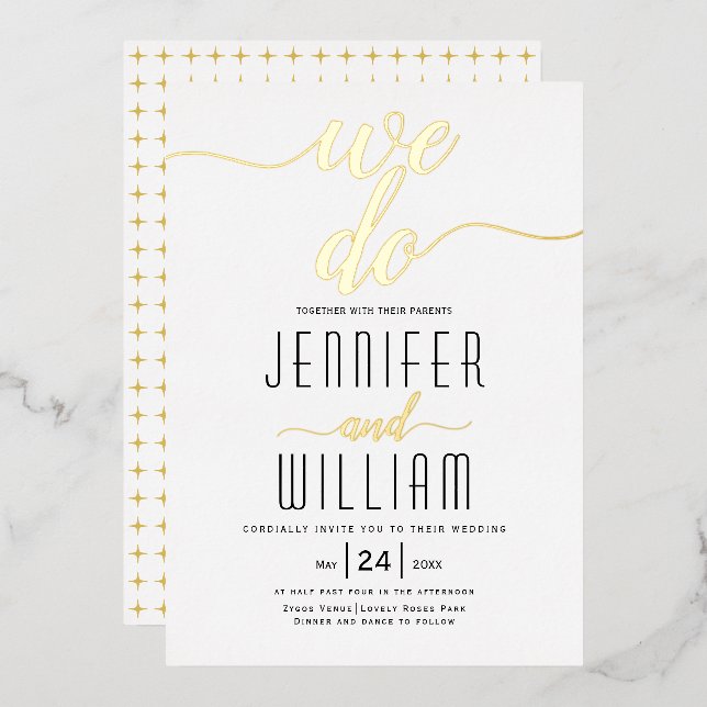 Invitation En Aluminium "We do" script calligraphie mariage or réel (Recto/Verso)