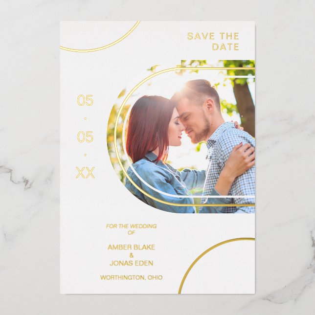 Invitation En Aluminium Wedding Abstract Shapes Photo Couple Golden Effect (Recto)