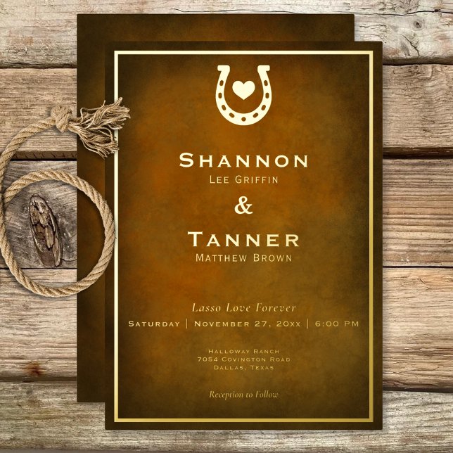 Invitation En Aluminium Western Rustic Horseshoe Coeur Brown or Mariage (Western Rustic Horseshoe Heart Brown Gold Wedding Foil Invitation)