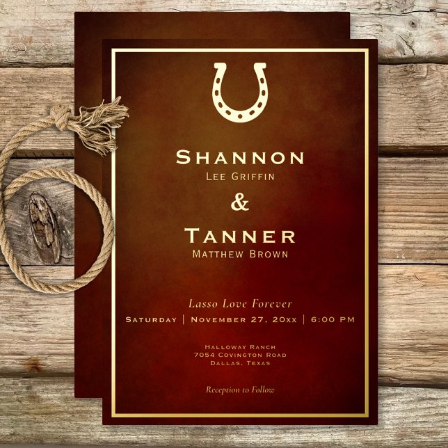 Invitation En Aluminium Western Rustic Horseshoe Mariage Bourgogne et or (Western Rustic Horseshoe Burgundy & Gold Foil Invitation)