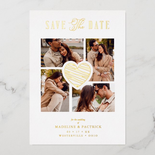 Invitation En Aluminium White Collage Wedding Golden Heart 4 Photos Real  (Recto)