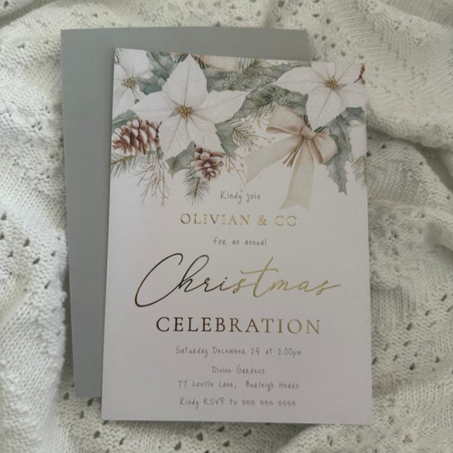 Invitation En Aluminium White Floral Entreprise annuel Noël Party Gold (Créateur téléchargé)