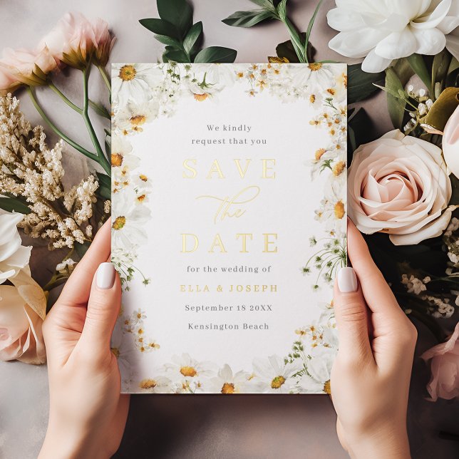 Invitation En Aluminium White Floral & Gold Foil Wedding Save The Date (Créateur téléchargé)